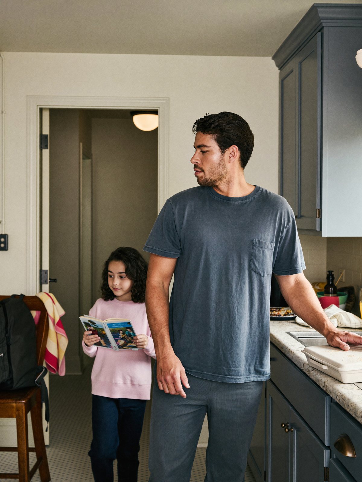 A dad at the kitchen counter with his daughter holding a picture book.