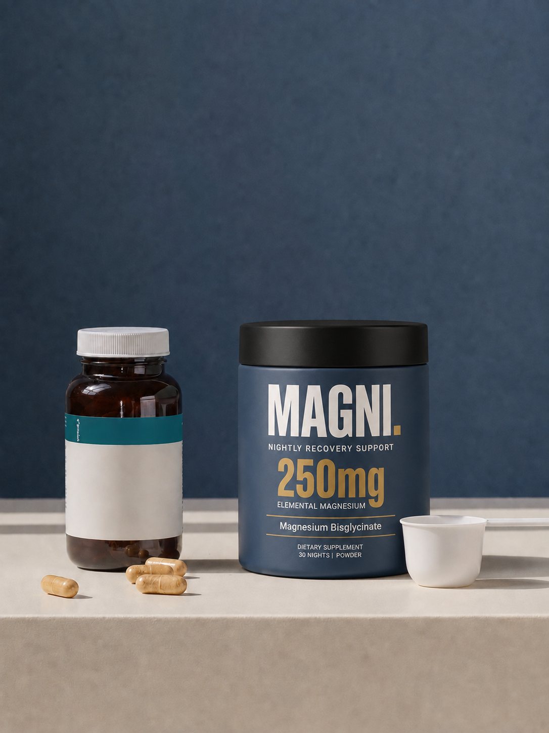 MAGNI recovery support tub beside a generic capsule bottle.